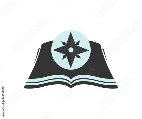 Compass and open book, windrose silhouette, compass nautical navigator cartography logo design. North, south, east and west direction vector design and illustration.
