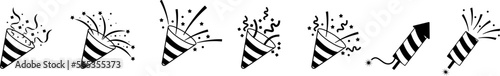Set of firework and party popper icons.Party popper.Firework simple black line icons.Petard simple line icons.
