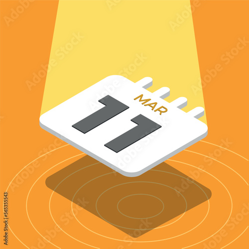 March 11 - 3D calendar floating with spotlight on yellow background