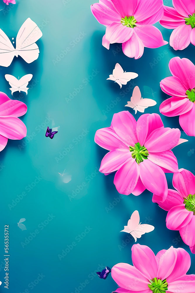 beautiful fresh, easter, spring background with flowers and butterflies, generative ai