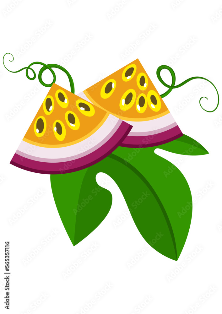 Passion fruit slices with green leaves Passion fruit slices with green leaves