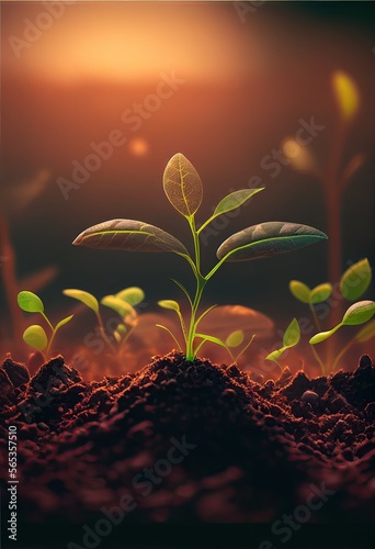 illustration of seedlings being grown in rich soil in the morning light. Generative ai.
