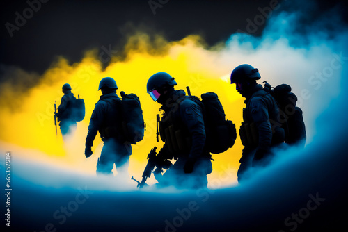 military 4 war soldiers - Special Forces in the fog - Ukraine flag colours - yellow blue