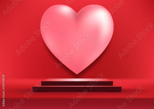 Happy valentine day 3D realistic red podium platform with pink heart on red background