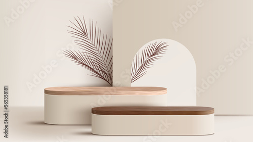 3D realistic wooden podium platform stand decoration with brown palm leaves backdrop