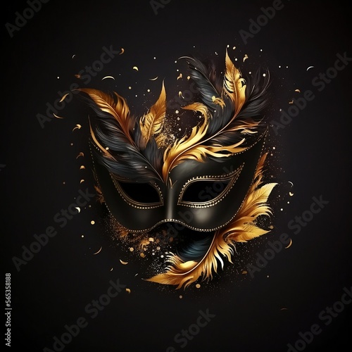 black carnival mask with golden and black feathers on a black background © victor