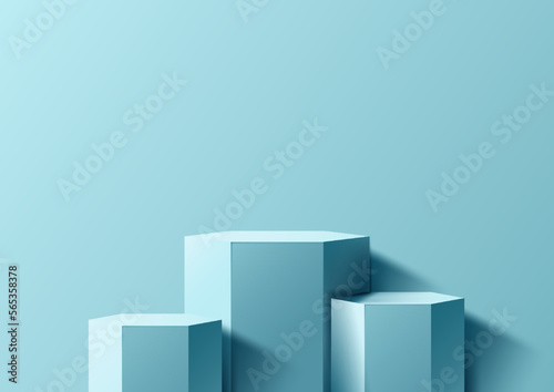 3D realistic empty studio room group of blue hexagon platform podium stand on minimal wall scene blue background