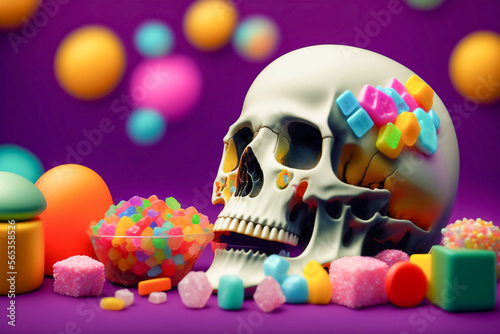 Skull and Colourful candy sugar unhealthy diet