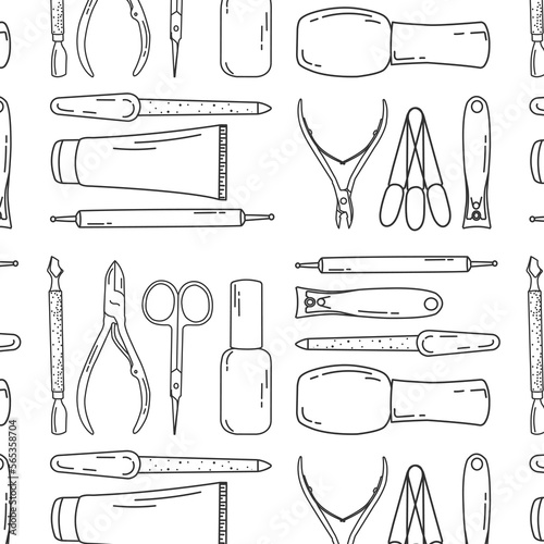 doodle pattern with manicure and pedicure tools, black lines on a white background, advertising background for a beauty salon
