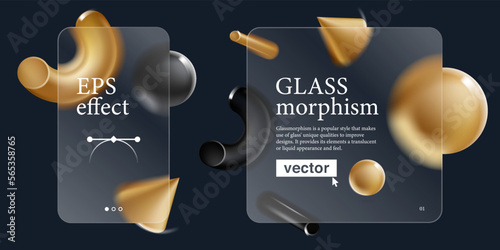 Cards screens in glassmorphism effect. Illustration with blurred floating golden shapes on dark background.