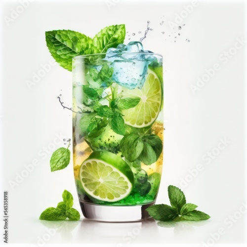 Wasser mit Minze und Limone / Mojito Cocktail mit Eiswürfeln (Generative AI)