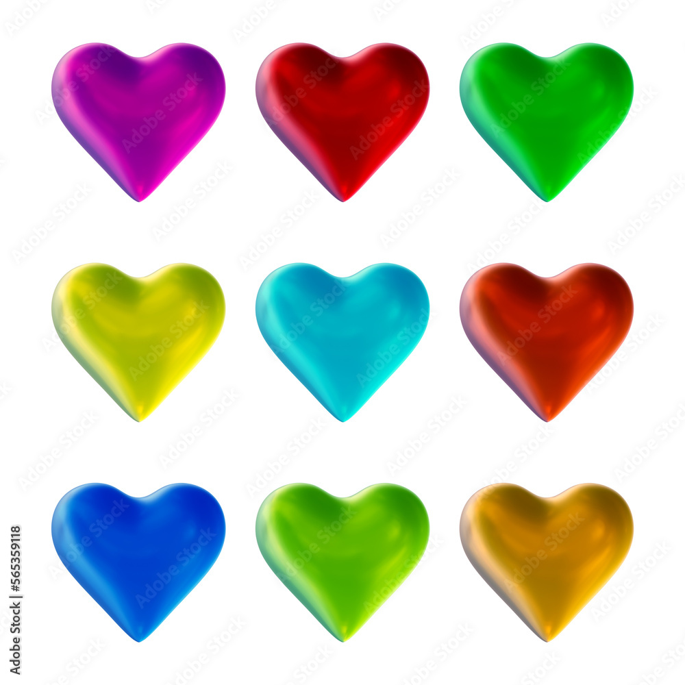 Set of heart icons or love symbol shapes in 3d rendering
