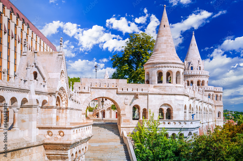 Budapest, Hungary - Fishermen Bastion, hilltop Buda, famous place in hungarian capital.