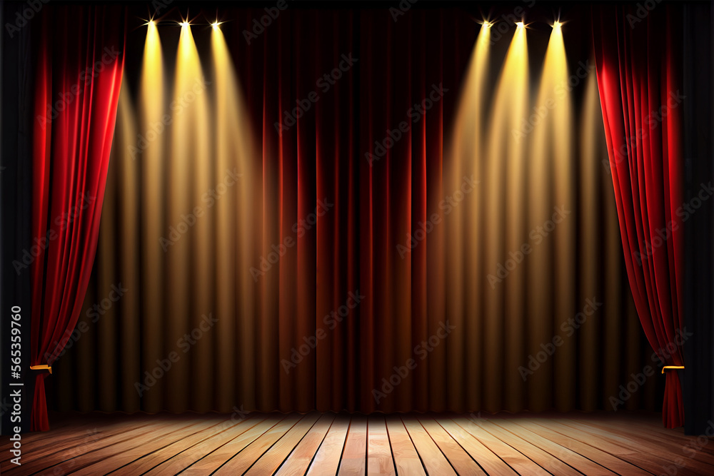 Theater stage with red curtains are opening with spotlight performance