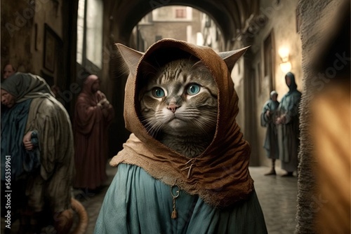 Cat as Saint Francis of Assisi wearing poor jute habit illustration generative ai photo