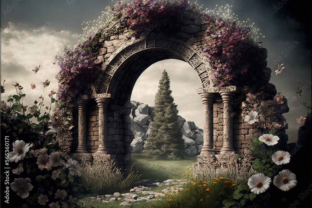 Flower garden with an old stone arch, gartens and roses. AI Flower garden with an old stone arch, gartens and roses. AI