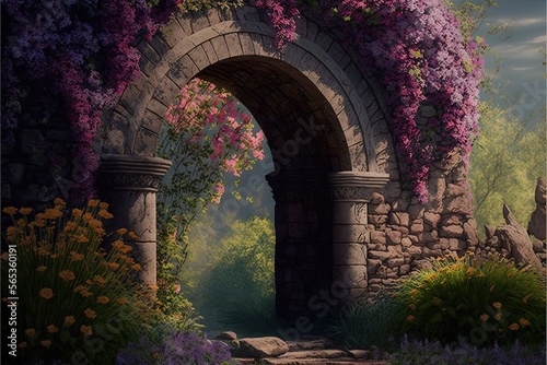 Flower garden with an old stone arch, gartens and roses. AI