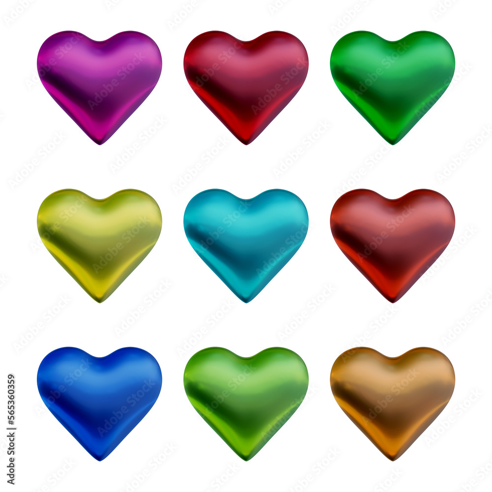 Set of heart icons or love symbol shapes in 3d rendering
