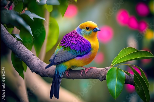 Bright exotic bird in a tropical garden, sunlight. AI photo