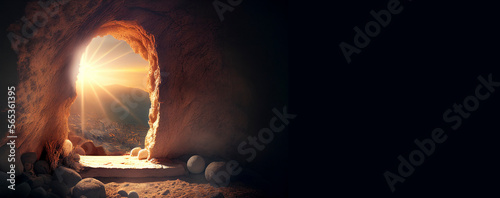 Empty tomb at sunrise. Easter concept created with generative Ai technology photo