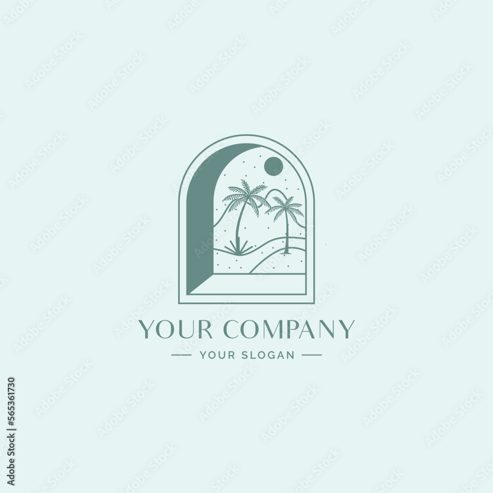 Vector linear boho emblems with abstract mountain landscapes in moroccan window.Travel logos with mountains or desert dunes;moon and stars.Modern bohemian icon or symbol in oriental style. Vector linear boho emblems with abstract mountain landscapes in moroccan window.Travel logos with mountains or desert dunes;moon and stars.Modern bohemian icon or symbol in oriental style.
