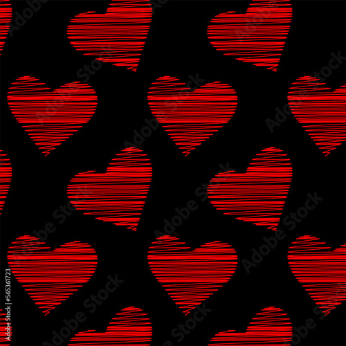 Repeating pattern of red hatched hearts on a black background