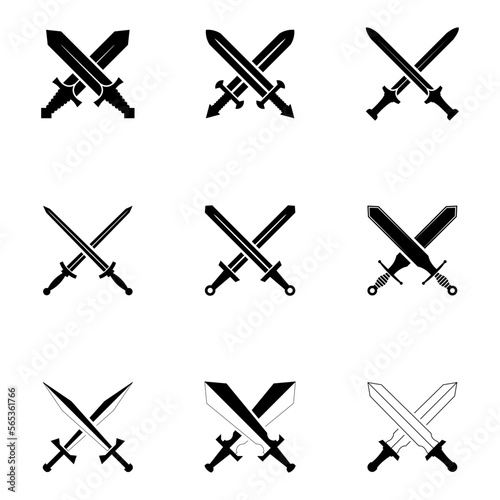 Swords Set. Collection of Crossed Knight Sword Ancient Weapon silhouettes Design