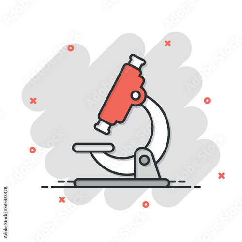 Microscope icon in comic style. Laboratory magnifier cartoon vector illustration on isolated background. Biology instrument splash effect sign business concept.