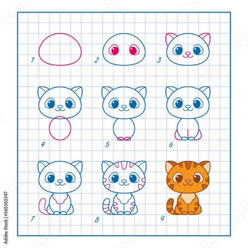 How to Draw Cute Cat, Step by Step Lesson for Kids cartoon vector illustration