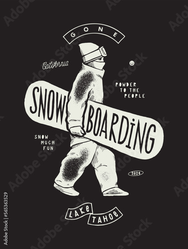 Gone snowboarding. Snowboarder walking with snowboard. Winter sports distressed silkscreen t-shirt print vector illustration.