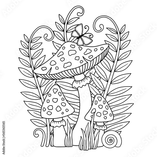Vector coloring book page for adult. Black and white illustration of an amanita mushrooms, shell and butterfly among plants