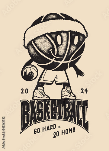 Basketball mascot in a headband. Team sports distressed silkscreen t-shirt print vector illustration. Go hard or go home.