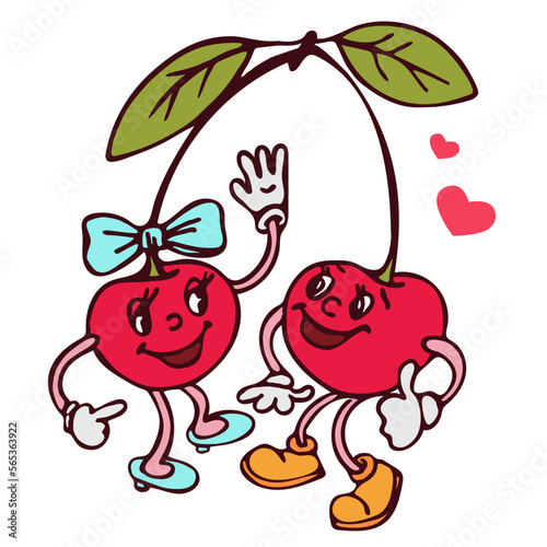 Cute couple of cherries in love. Valentine Day greeting card retro 