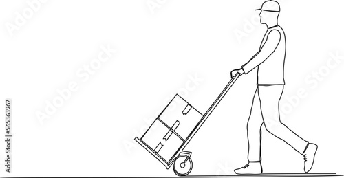 continuous single line drawing of parcel carrier or delivery driver with packages on hand truck, line art vector illustration photo