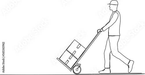 continuous single line drawing of parcel carrier or delivery driver with packages on hand truck, line art vector illustration