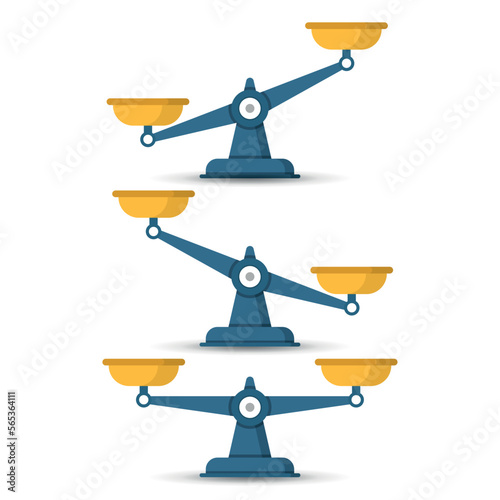 Scale icons set in flat style. Weight balance vector illustration on isolated background. Equilibrium comparison sign business concept.