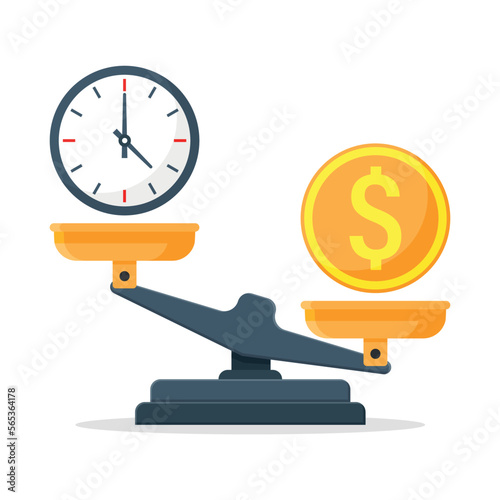 Time vs money on scales in flat style. Weight balance vector illustration on isolated background. Equilibrium comparison sign business concept.