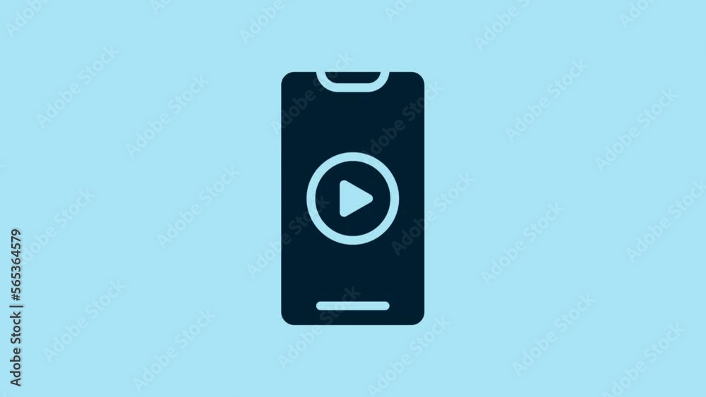 Blue Online play video icon isolated on blue background. Smartphone and film strip with play sign. 4K Video motion graphic animation Blue Online play video icon isolated on blue background. Smartphone and film strip with play sign. 4K Video motion graphic animation