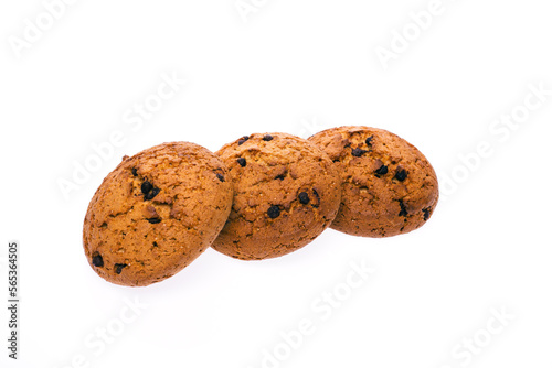 Three oatmeal chocolate chip cookies. On a pure white isolated background. Fresh bakery. 