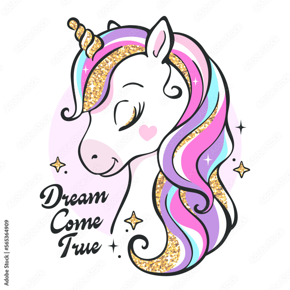 Art. Beautiful. Cartoon little unicorn on a white background. Sequins. Print for clothes and t-shirts. Vector illustration.