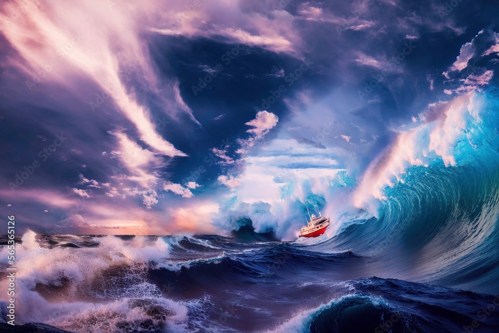 Illustration photo of a little ship driving up a giant monster wave