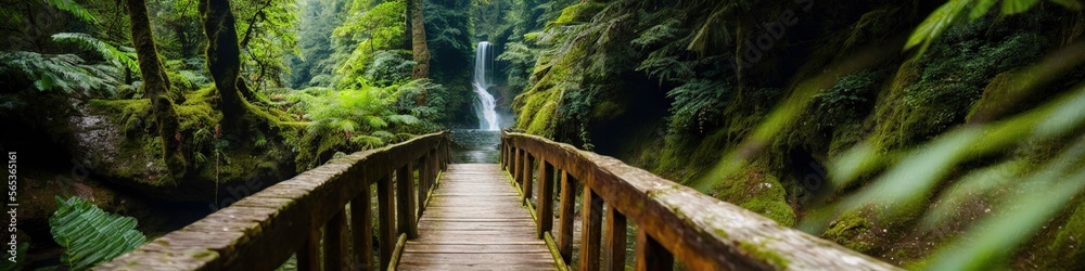 Illustration of a long bridge in the forest leading to a waterfall, ultrawide Illustration of a long bridge in the forest leading to a waterfall, ultrawide