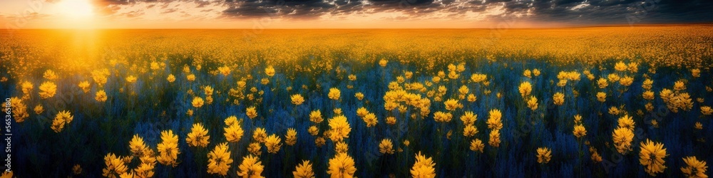 Illustration photo of a field of flowers, blue sky in background, ultrawide