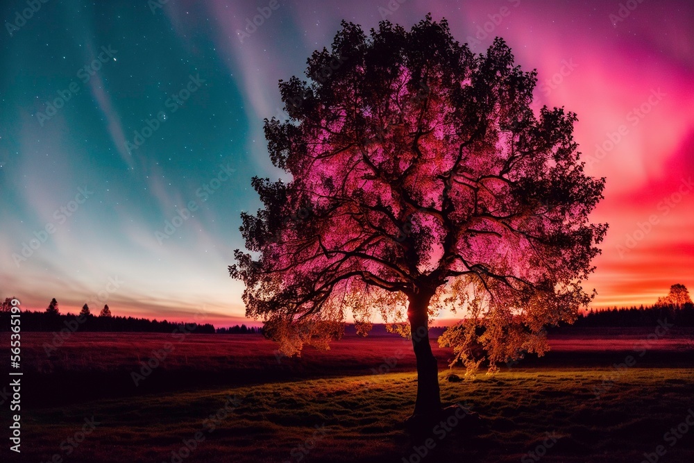 Illustration photo of Lonely lighted glowing tree in the night on a field
