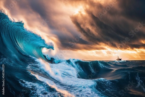 Illustration photo of a little ship driving away from a giant monster wave