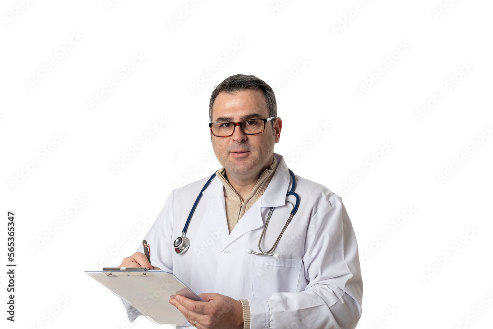 Portrait of a male doctor writing a medical report on a folder looking at camera. Isolated over white background Portrait of a male doctor writing a medical report on a folder looking at camera. Isolated over white background