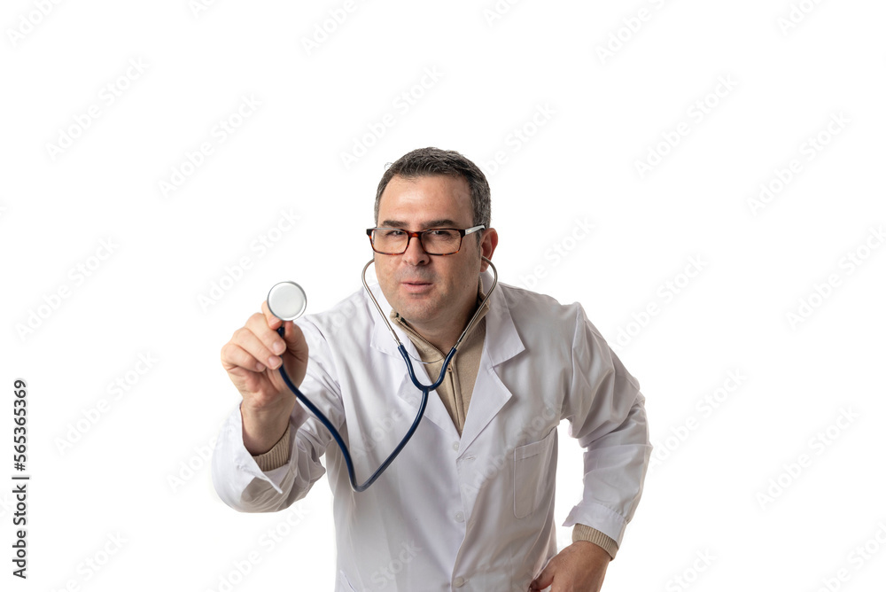 Funny male doctor in white uniform holding stethoscope looking at camera