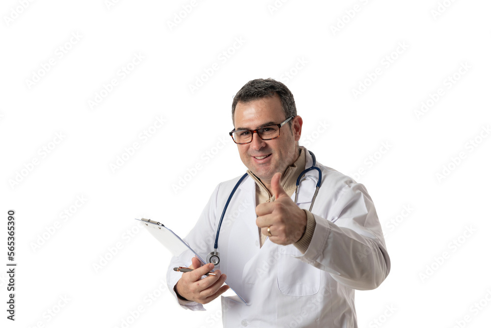 Medical services. Smiling male doctor In white uniform and stethoscope showing thumbs up Medical services. Smiling male doctor In white uniform and stethoscope showing thumbs up