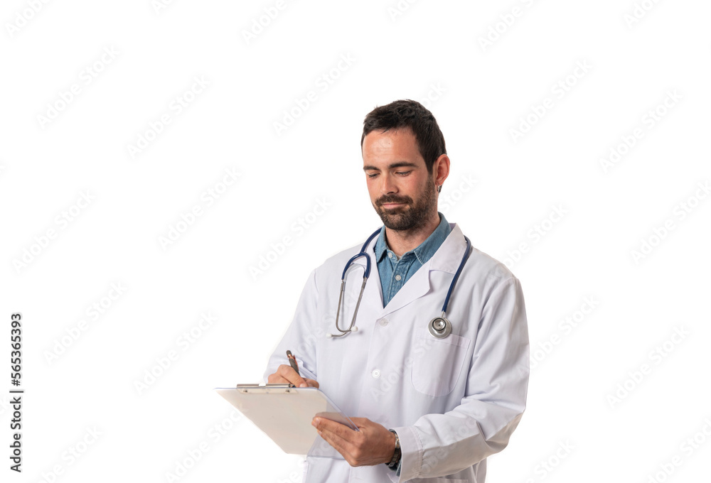 Medical services. Smiling young male doctor In white uniform and stethoscope writing a medical report on a folder