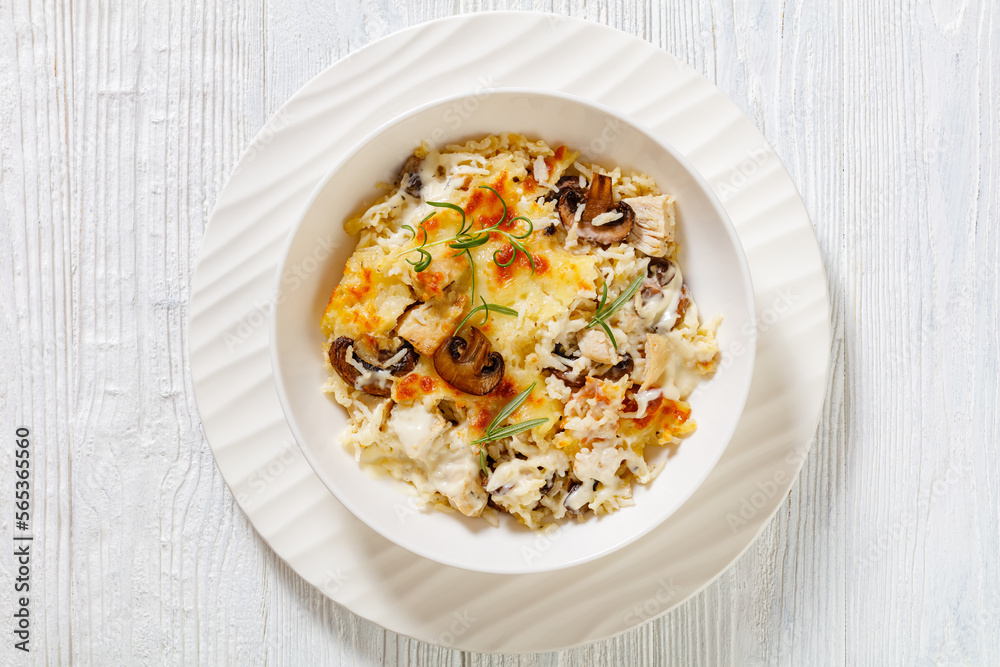 tasty Chicken Mushroom Rice Casserole, top view tasty Chicken Mushroom Rice Casserole, top view